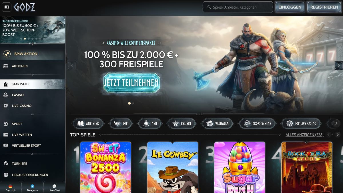 Godz überzeugt mit einer Spitzenbewertung von 4,8/5 als erstklassiges Casino ohne OASIS für alle, die eine sehr große Spielauswahl außerhalb des deutschen Sperrsystems suchen. Auf der Plattform genießt du maximale Freiheit an den Slots und Tischen. Zum Einstieg wirst du mit einem attraktiven Willkommensangebot von 100 % bis zu 2.000 € plus 300 Freispielen empfangen.