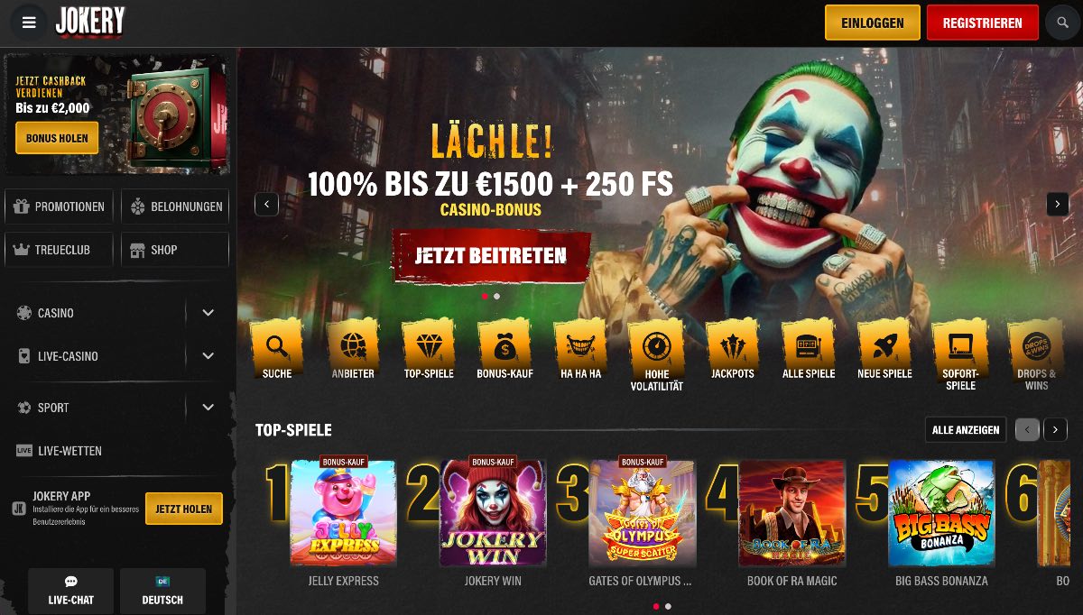 Jokery sichert sich eine starke 4,6/5-Bewertung und glänzt als vielseitiges Casino ohne OASIS. Der Anbieter überzeugt an der Kasse mit einer breit aufgestellten Auswahl an SEPA-, E-Wallet- und Krypto-Zahlungen für reibungslose Transaktionen. Neue Mitglieder starten ihre Session mit einem lukrativen 3-teiligen Paket von bis zu 3.000 € gesamt.
