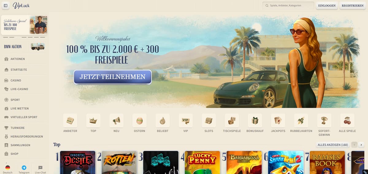 Mit einer hervorragenden Bewertung von 4,6/5 ist Vipluck die ideale Adresse für anspruchsvolles und ungebundenes Gaming. Dieses moderne Casino ohne OASIS setzt auf hohe Zahlungsflexibilität und unterstützt neben Paysafecard auch zahlreiche Kryptowährungen. Der Einstieg wird neuen Nutzern mit einem starken 100 % Einzahlungsbonus bis zu 2.000 € + 300 Freispielen versüßt.