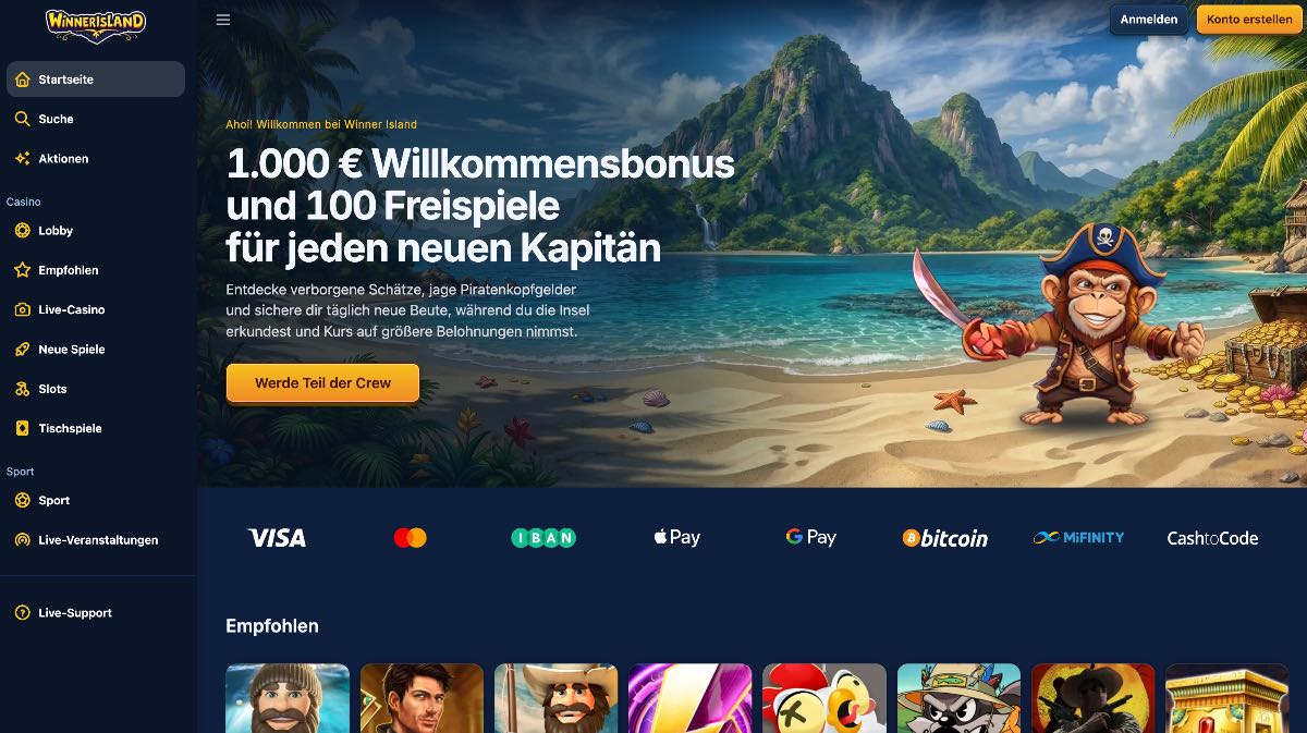 Winnerisland (Bewertung: 4,5/5) punktet als verlässliches Casino ohne OASIS durch seinen unkomplizierten Zugang ohne deutsche Sperrdatei. Ein großer Vorteil sind die besonders schnellen E-Wallet-Auszahlungen, wenn Gewinne verbucht werden. Neue Abenteurer werden hier mit dem exklusiven Captain's Welcome Pack von bis zu 1.000 € plus 100 Freispielen begrüßt.