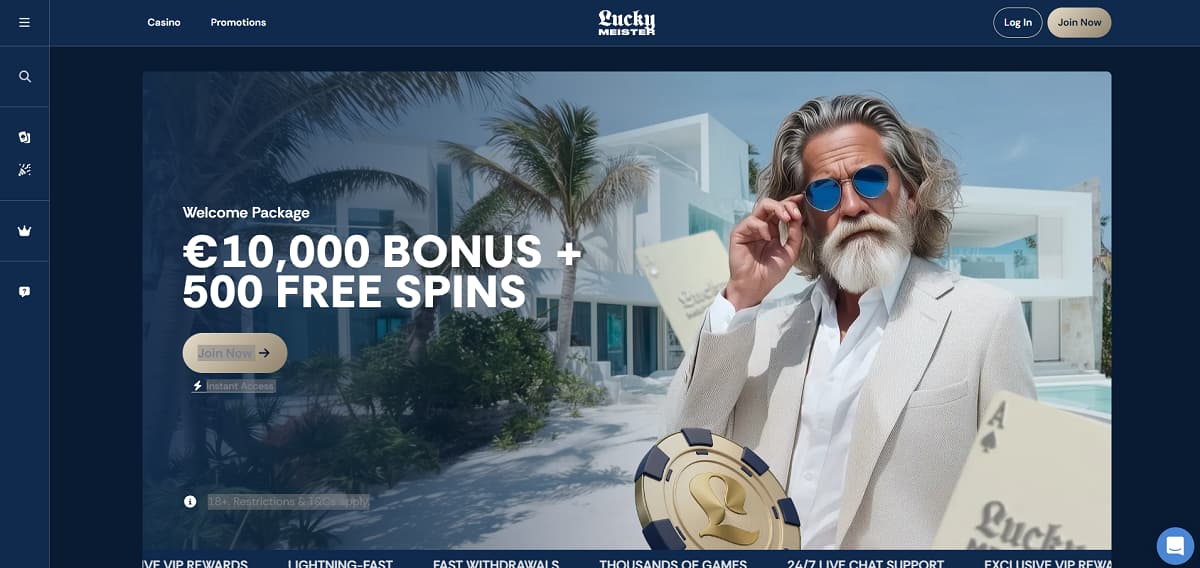 Mit einer Bewertung von 4,7/5 steht LuckyMeister für ausgedehnte Spielsessions abseits deutscher Regulierungshürden. Wer nach einem lukrativen Casino ohne OASIS sucht, profitiert hier von einem besonders hohen Bonusrahmen: Das gewaltige Willkommenspaket von 375 % bis zu 10.000 € + 500 Freispiele verteilt sich ideal über deine ersten vier Einzahlungen.